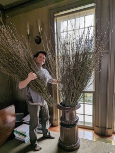 Here, Ryan puts in the last of four bunches into the container. Ryan makes separate smaller bunches instead of one big one. He says this creates a more balanced arrangement in the urn and makes it less likely for the pussy willows to tip over.