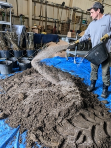 Once a mound of compost is unloaded, it is amended with some good fertilizer and then mixed well. Ryan sprinkles a generous amount of fertilizer made with mycorrhizal fungi, which helps transplant survival and increases water and nutrient absorption.