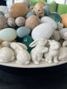 Decorative eggs fill this Easter bunny platter.