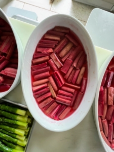 And here is the fresh rhubarb cut into pieces and baked for the dessert.