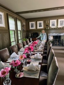 Here I am in my Brown Room the morning of my luncheon. My housekeepers and I always work on the table settings together. We try to make each one different and beautiful.