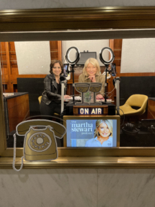 Here I am with Darcy inside the charming Newsstand Studios at Rockefeller Center, where we recorded my podcast. Look closely, Darcy drew the phone and the oversized champagne coupes in the photo.