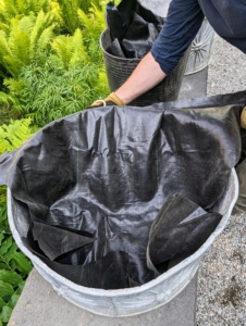 To protect the fragile pots, I like to line them with black weed cloth or black garbage bags. Ryan places a big sheet of the plastic into the pot...