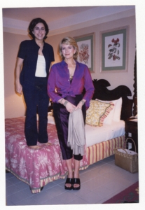 We traveled all over the country together for shoots. Here we are in a hotel room getting ready for a wedding, the one time she towered over me, thanks to standing on that bed. I think it was the late 90s, judging by my shoes, which are back in style, by the way.