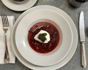 Dinner was the most flavorful borscht soup topped with a dollop of crème frâiche and caviar. It was a big hit for everyone at the table.