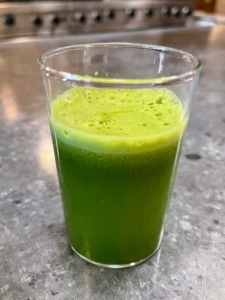 And to drink, green juice. I start every morning with a glass of my green juice. My version includes a pear or apple, celery, cucumber, parsley, spinach, ginger, and citrus with the rind.