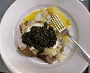 Our soup was served with baked potatoes, topped with more crème frâiche and caviar.