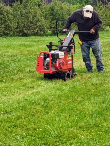 Next, Pete goes over the same lines with our our new Classen Pro HSC18 sod cutter. Since the area is already edged, the sod cutter goes over the lines smoothly and more deeply. Everything must be done as precisely as possible for the maze.