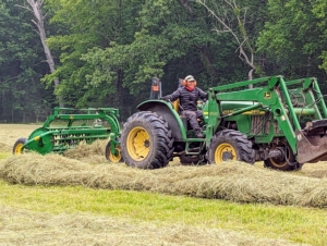 Next, it is time to make the windrows, which are rows of hay raked up and shaped before being baled. Here is Phurba pulling the bar rake and making windrows from the tedded hay.