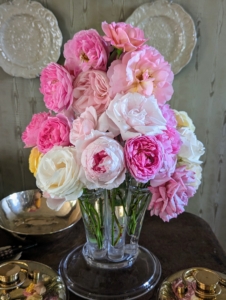 This vase of roses is in my sitting room, where I can see them every morning on my way to the kitchen. With cut flowers, it is also a good idea to change the water every two to three days to keep them fresh longer. And check on them. Keeping the vase full ensures the flowers do not dry out and wilt.