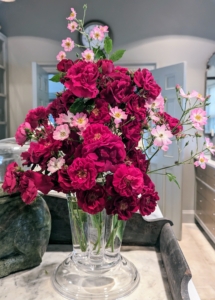 This arrangement of red and pink roses is on the center island of my servery, another nice spot where gorgeous arrangements can be seen and enjoyed. If you grow roses, I hope this inspires you to go out and cut a selection of flowers, so you can enjoy their beauty and fragrance inside.