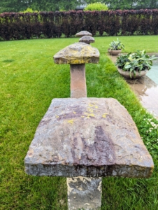 At one end of my pool I have these staddle stones. Staddle stones were originally used in the 17th and 18th centuries as support bases for granaries, hayricks, and game larders. They typically looked like giant stone mushrooms, but mine are square – a more rare and unique version.