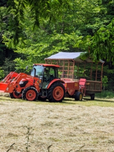 Chhiring goes evenly and slowly over every row of cut, tedded hay. Behind the baler is the hay trailer or wagon, which is used to catch the bales once they are formed and tied.