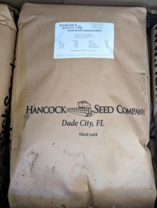 Our seed is from Hancock Farm & Seed Company, a 45-year old business that grows its own seed and ships directly from its Florida facility. When selecting what kind of seed is best for any field, one should consider location, soil condition, and the desired goal. My fields are specifically for growing hay for my horses. Hancock created a seed mix that would work best for my farm.