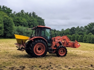 This is a 3-point spreader, which can be attached to a variety of tractors to spread seed or fertilizer. Chhiring starts by going around the field counter clockwise from the outer edge working inward. He also overlaps his passes, so he doesn’t miss any areas.
