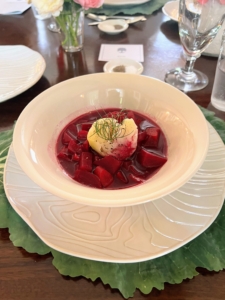 Each bowl of soup was topped with a potato and a dollop of crème fraîche, and a sprig of dill. Borscht, also spelled borsch, borsht, or bortsch, is the beet soup of Slavic countries. Although borscht is important in Russian and Polish countries, Ukraine is frequently cited as its place of origin.