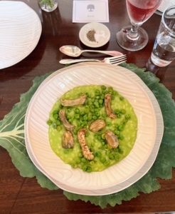 Here is the risotto with our English peas and fresh artichokes. Risotto is an Italian dish made by cooking a starchy, short grain rice like arborio with stock until it becomes creamy. It is so delicious with peas - one of my favorite ways to serve risotto.