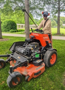 But the stand on mower can also do open areas. Here's Chhiring again - this time on his way to mow my "soccer field" party lawn, where my grandson, Truman, can often be found playing whenever he visits.