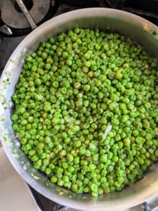 And here are all the peas - also ready for the risotto. When serving a meal, it is important to keep track of the time, so everything can be plated and served warm. Use warming ovens, or warmed trays and covered dishes when needed.