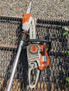 Pasang is using STIHL's HTA 85 Telescopic Pole Pruner and STIHL's MS 271 Farm Boss chainsaw. We use many of STIHL's products here at the farm - they are very lightweight and easy to maneuver.