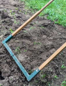 A broadfork is like a tall pitchfork except it has two long handles – one on each side of a two-foot long metal crossbar from which several long tines extend down towards the ground.