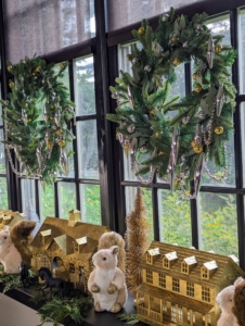 These lush greenery wreaths decorated with faux foliage, long-leaf eucalyptus, garlands, and drops look wonderful on the windows. They also look great over the fireplace, hung on a door, or used as a centerpiece. It measures 24-inches in diameter, six-inches wide and can be used indoors or out.