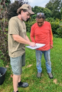 Here, Ryan and Pete go over the exact location for the holly. The maze is drawn out on a map, so it is important to refer to it every time something new is added.