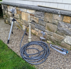 A Gilmour hose and at least one sprinkler are placed at every bibb or faucet. And here’s a tip… to keep it from kinking, when it’s new stretch it along a path or the edge of the lawn and then loop the business end back to the tap.