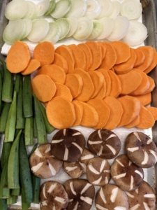 On one night we enjoyed a Japanese themed dinner with miso. Here are the vegetables all cut and prepared - mis en place.