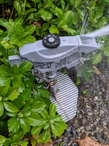 And this is a Gilmour® Professional Adjustable Circular Sprinkler. Made with a durable metal base and spikes, this sprinkler can hold up to constant use.