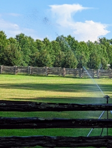 Here is a tripod sprinkler in a pasture. Every so often, observe any sprinklers in action and look for clogged or leaking heads that may need minor maintenance.