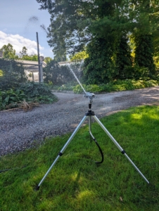 Mornings are the best times to water – when water pressure is high, evaporation is low, and the soil can absorb the water before the sun heats up the ground. The distance and spray patterns of these tripod sprinklers can also be adjusted to suit so many garden needs.