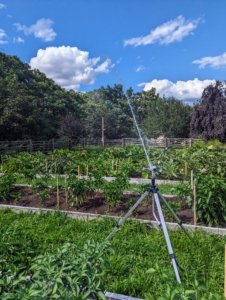 Here's a tripod in my new vegetable garden. Look how far the sprinkler can reach – and the spray is very consistent.