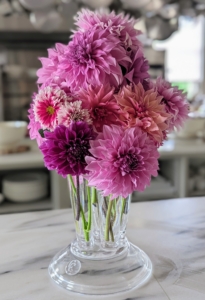 These dahlias are on my kitchen counter, which like yours is the hub of my home, where I often take calls, have meetings, and gather with guests – everyone can enjoy them as soon as they come inside.