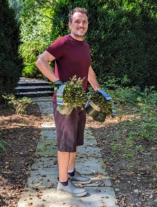 The first spot is the entrance to my sunken Summer House garden. Ryan lines up Ajuga 'Chocolate Chip' on both sides of the stone pavers. If you follow this blog regularly, you may recall we just made this stone path last spring.