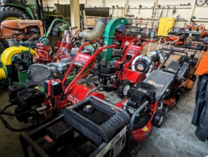 Blowers, tillers, edgers, walk behind mowers, and generators are all parked by type and frequency of use.