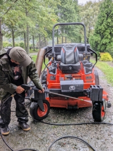 Chhiring makes sure each piece of equipment is in perfect working order. Then, using a power washer, he thoroughly cleans each piece, so it is ready to use. This is my Kubota ZD1211-60 zero turn riding mower. It has a 24.8 horsepower diesel engine and a wide mower deck.