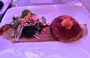 The dinner’s menu included this tomato tarte tatin with goat cheese, caramelized onions, olives, arugula, shaved fennel salad.