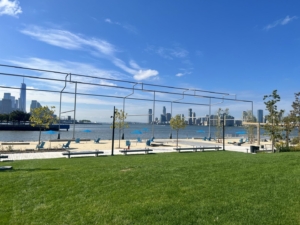 This is the new Gansevoort Peninsula - the largest stand-alone recreational space in Hudson River Park. It features 5.5 acres with a sandy shoreline beach, ball field, pine grove, boardwalks, adult fitness equipment, and a salt marsh. (Photo courtesy of HudsonRiverPark.org)