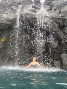 Here I am under the thermal waterfalls - so invigorating.