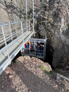 Here is our group descending into the crater of the Þríhnúkagígur volcano, the only volcano in the world where it is safe to enter its magna chamber.