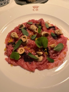 Dinner at the hotel was divine. This is Carpaccio - a dish of meat or fish thinly sliced or pounded thin, and served raw, typically as an appetizer. Ours also had filberts, or hazelnuts.