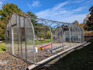 All my hoop houses are Gothic style - notice the pointed arch in the roofline. This design minimizes snow accumulation in winter.