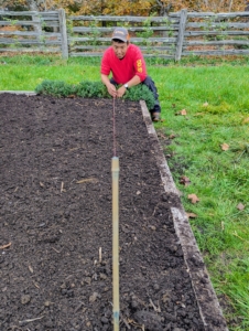 This bed was previously used for our potato crop, but it was completely cleaned, fed and cultivated before our garlic arrived. Cultivating accomplishes two things: removing any weeds from the garden bed and loosening the soil to optimize the retention and penetration of air, water and nutrients for the plants. Now, Phurba is measuring where the garlic will be planted. My head gardener, Ryan McCallister, already determined how many rows would fit in this bed and how many garlic cloves would be planted in each row.