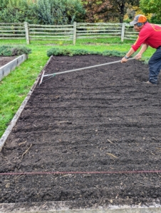 Phurba uses our Bed Preparation Rake from Johnny's Selected Seeds to create furrows in the soil. Hard plastic red tubes slide onto selected teeth of the rake to mark the rows.