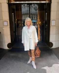 Here I am in front of our hotel ready to attend the Hermès Womenswear Spring-Summer Runway Show. Did you catch this on my Instagram page @MarthaStewart48? My bag is a vintage Hermès Birkin, 2001.