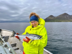 Here is Hannah with a smaller fish. Alaska’s cold and natural environment produces seafood that has lean flesh, rich flavor, and natural nutrients. Each species has a versatile flavor profile and is a source of protein, Omega-3s, Vitamin D and other health benefits. (Photo courtesy of Hannah Heimbuch)