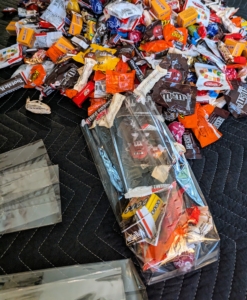 Each bag contains about 10-pieces of candy. Just the perfect amount for our littles trick-or-treaters.