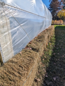Around my hoop houses, bales of hay are stacked around the structures for added insulation. This is older hay my horses won’t eat, but they still come in very handy.
