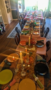 Carolyn Banyas sent in this candlelit photo of her table all set and ready for 24-people. "We have fall Fiestaware colors, pilgrims, native Americans and lots of pumpkins. I also wanted to incorporate candles to really make the table glow."